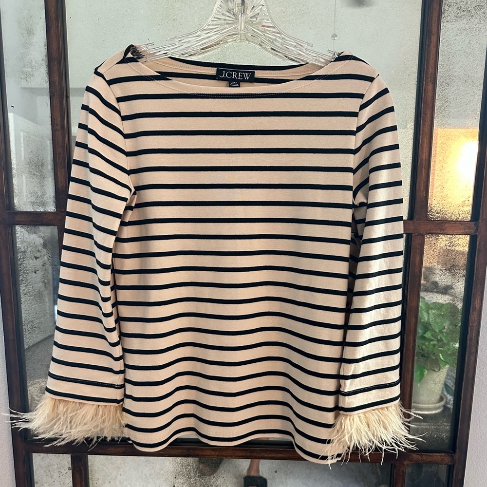 Feather-trim long sleeve striped shirt size xxs